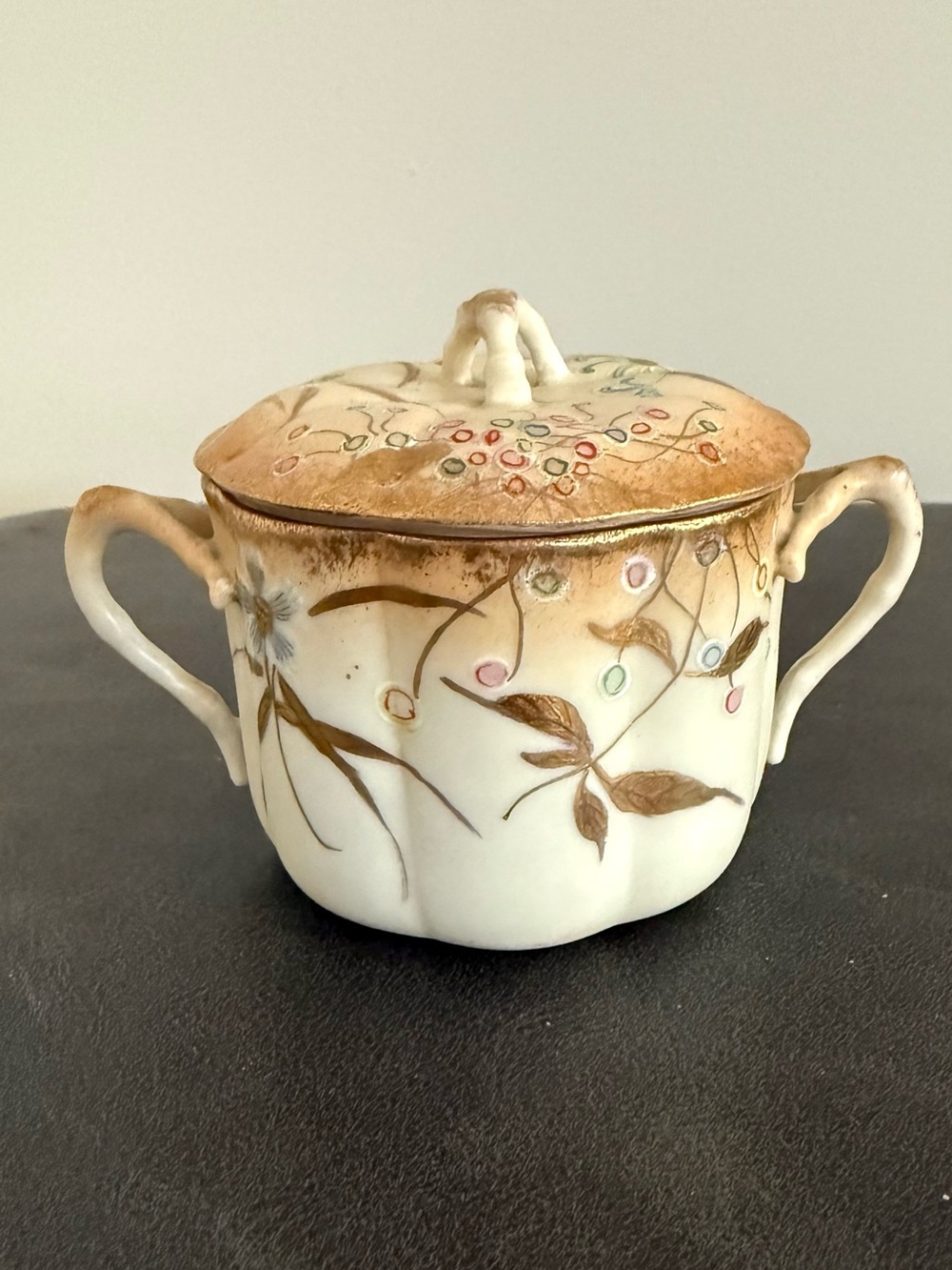 Vintage Nippon Hand Painted Floral Porcelain Sugar Bowl with Lid - Cream & Gold